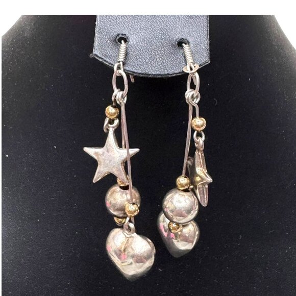 Modernist Signed SU Sterling Silver 925 Heart & Star Dangle Earrings Celestial - Picture 1 of 6